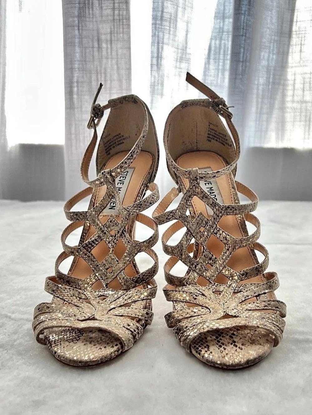 Steve Madden Metallic Gold Cage Snakeskin Strappy Heels Stiletto Sandals Size 6